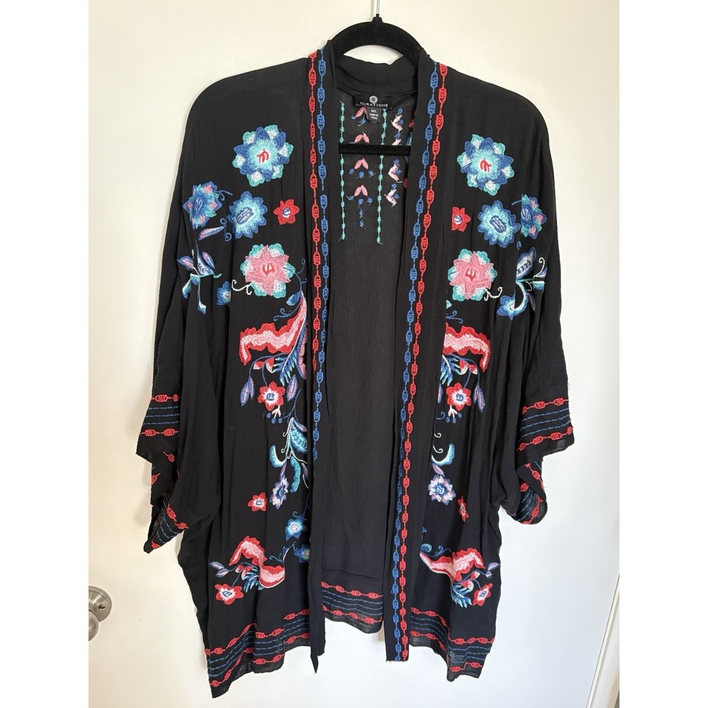 Curations Black  Kimono Tunic Embroidered Bohemian Floral Resort Beach Coverup